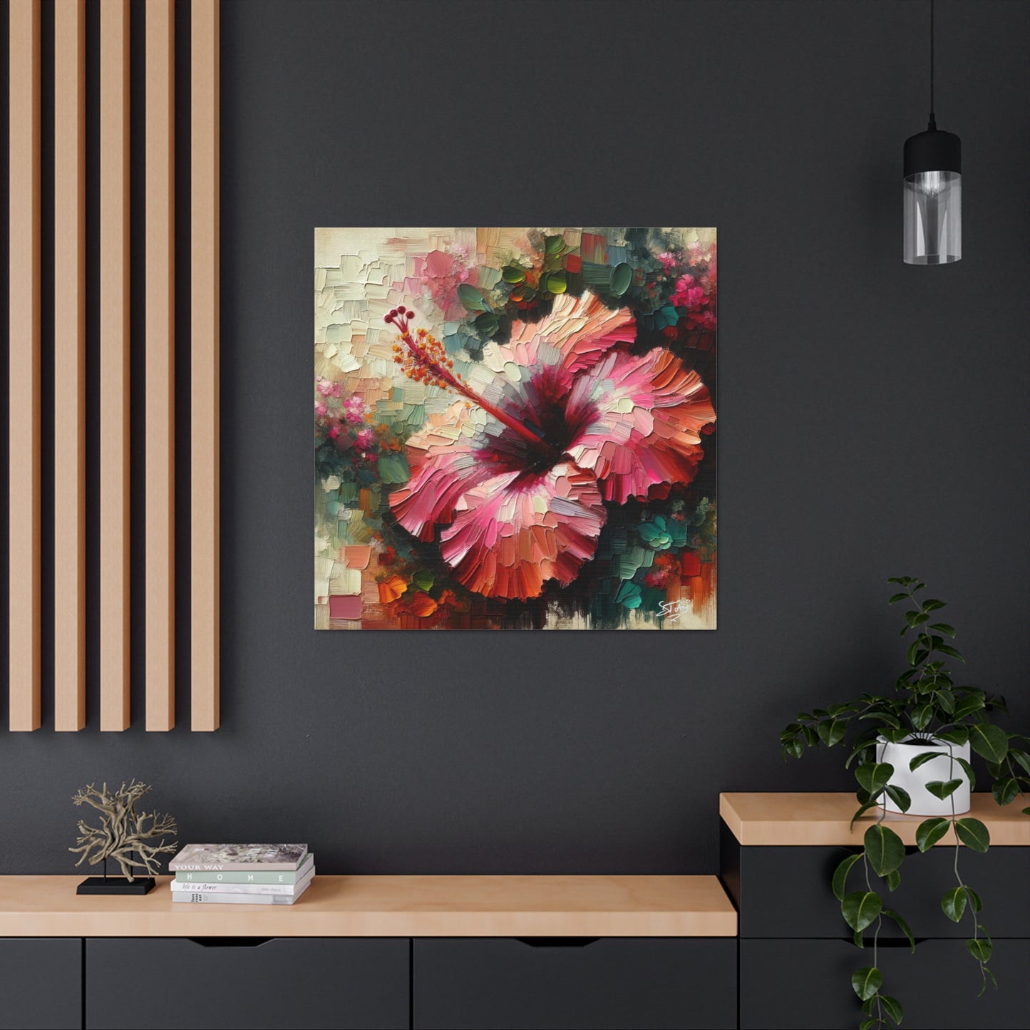 Oil Print#3 of a Pink Hibiscus Flower, Close-up View, Semi-abstract, Caribbean, Vibrant Vivid Colors, Canvas Gallery Wraps