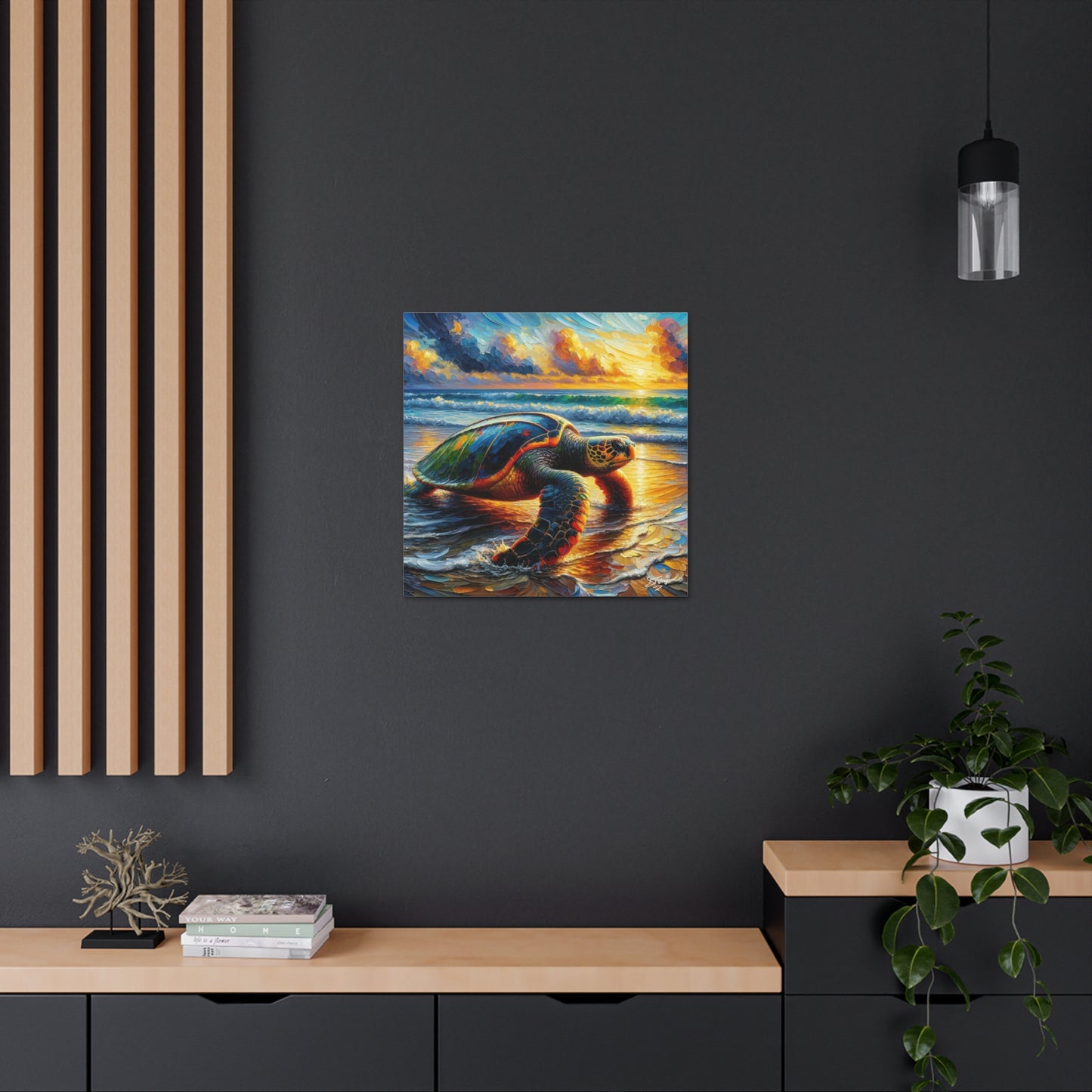 Art Print, Turtle at Sunset, Caribbean Wildlife, Oil Finish, Caribbean Nature, Culture, Heritage, Canvas Gallery Wrap