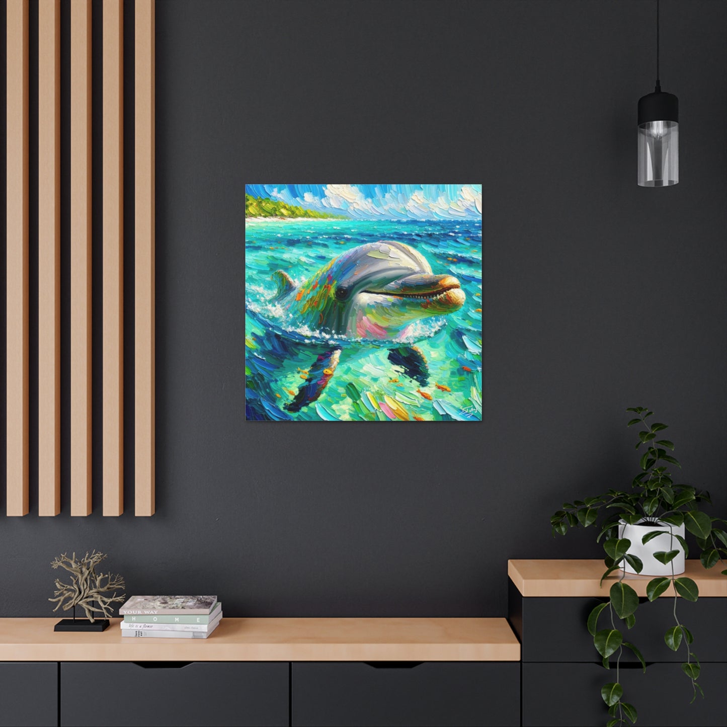 Art Print, Dolphin in Caribbean Sea, Oil Finish, Caribbean Nature, Canvas Gallery Wrap