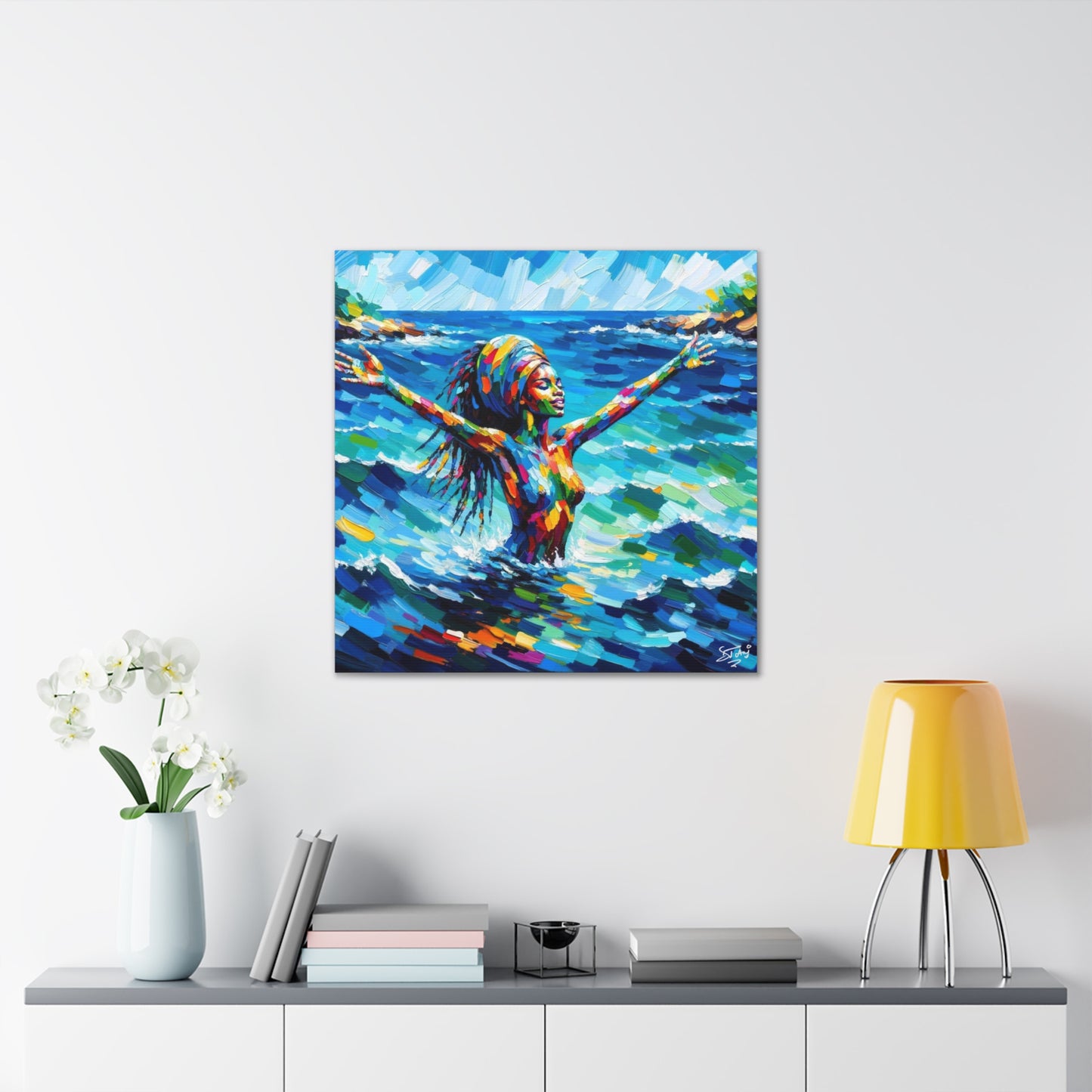 Art Print, Black Woman, Sea Bath, Oil Finish, Caribbean Nature, Semi-Abstract, Canvas Gallery Wrap