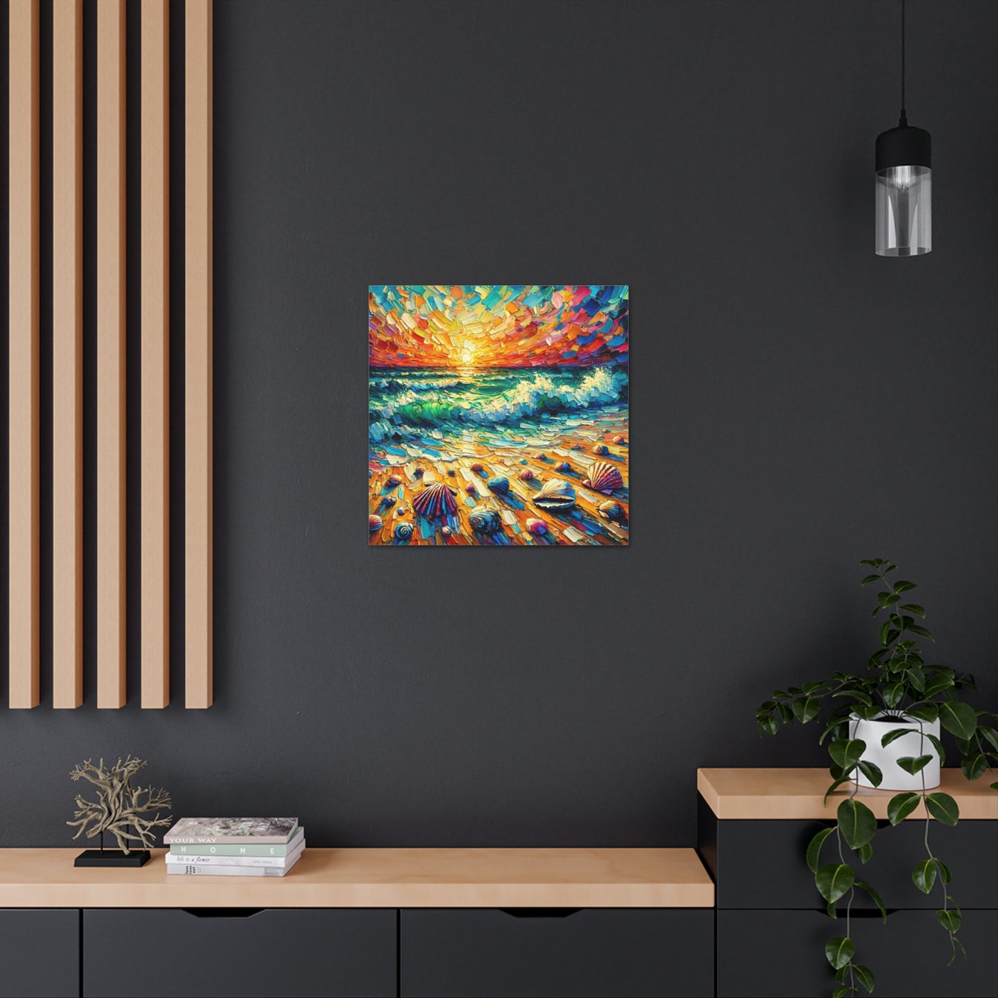 Art Print, Seashells on Caribbean Beach, Sunset, Semi-Abstract, Oil Painting, West Indian Art, Canvas Gallery Wraps