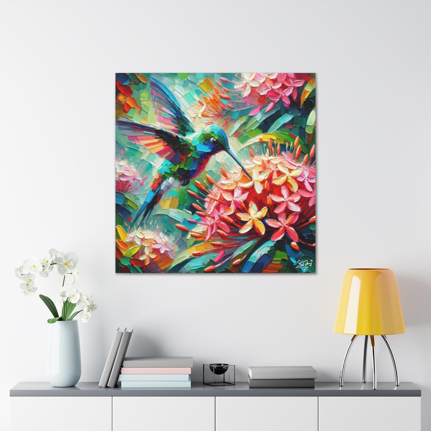 Art Print, Hummingbird, Oil Finish, Caribbean Nature, Cultural, Heritage, Semi-Abstract, Canvas Gallery Wrap