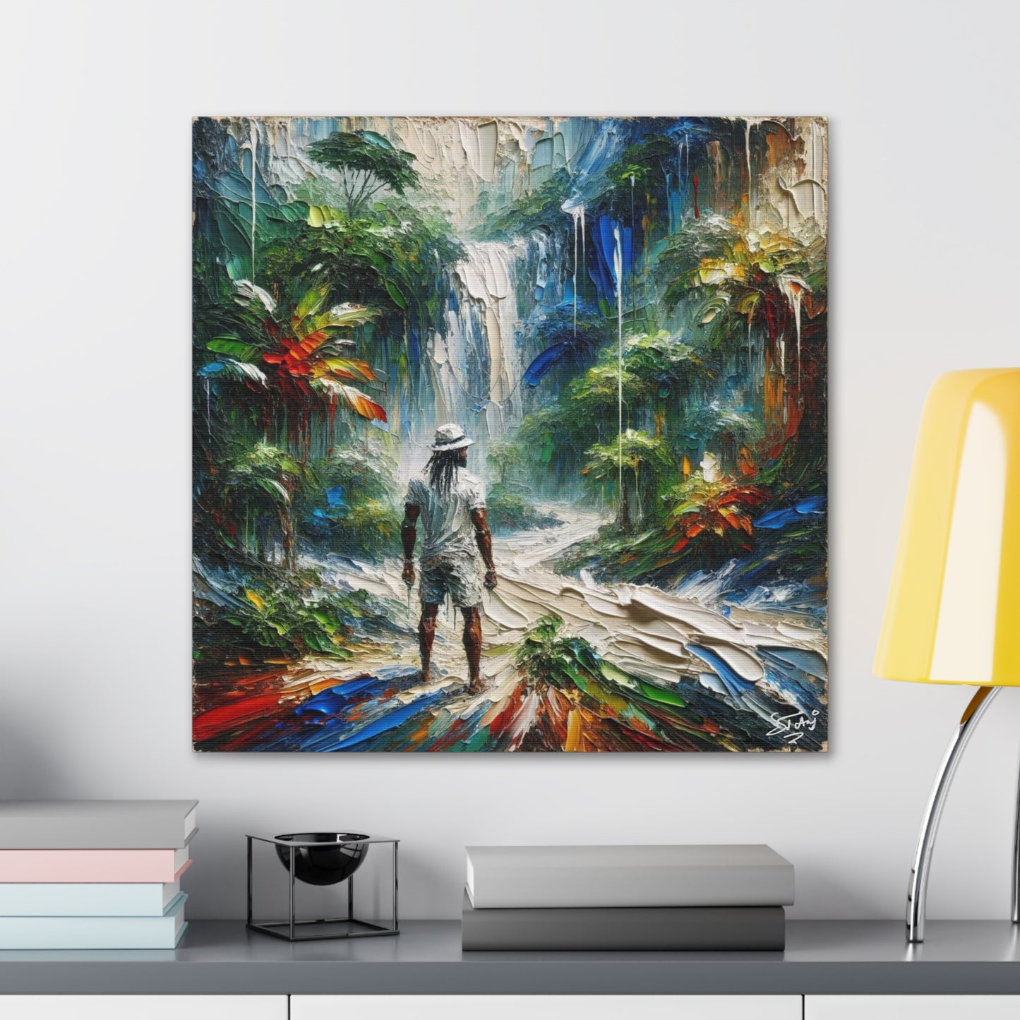 Art Print of Caribbean Man at Waterfall, West Indian Art, Canvas Gallery Wraps