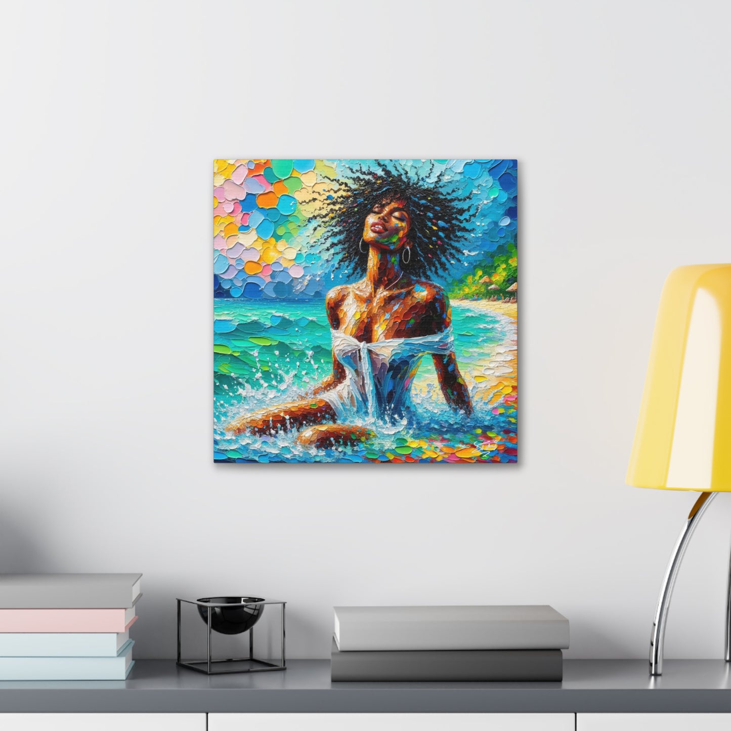 Art Print, Afro-Caribbean Woman, "Sea Bath" Abstract, Oil Finish, West Indian Ethnicity, Cultural, Heritage, Abstract, Canvas Gallery Wrap