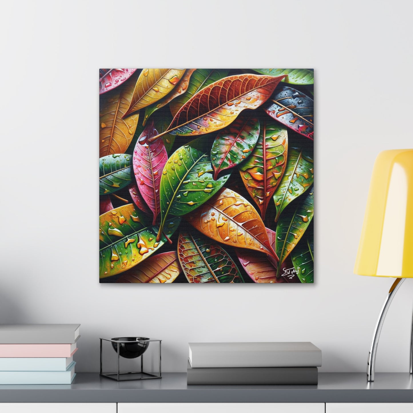 Oil Print#4 of Croton Plant, Close-up, Still Wet from Recent Rain, Caribbean, Tropical Plant, Canvas Gallery Wraps