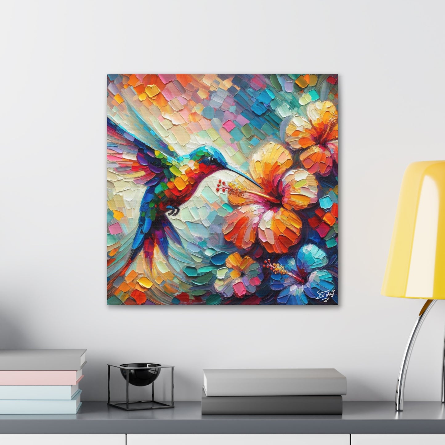 Art Print, Hummingbird on Hibiscus, Oil Finish, Caribbean Nature, Cultural, Heritage, Semi-Abstract, Canvas Gallery Wrap