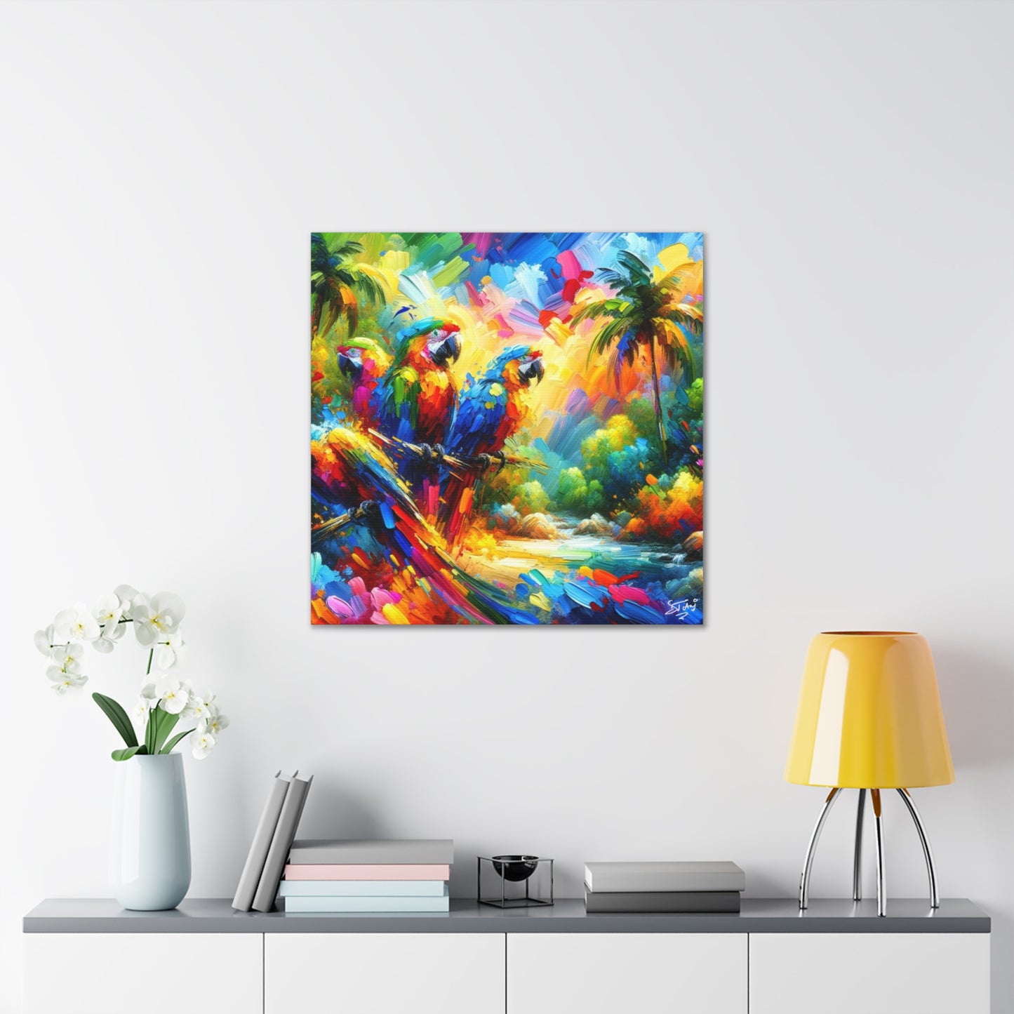 Art Print, The Parrots, Oil Finish, Caribbean Nature, Cultural, Heritage, Semi-Abstract, Canvas Gallery Wrap