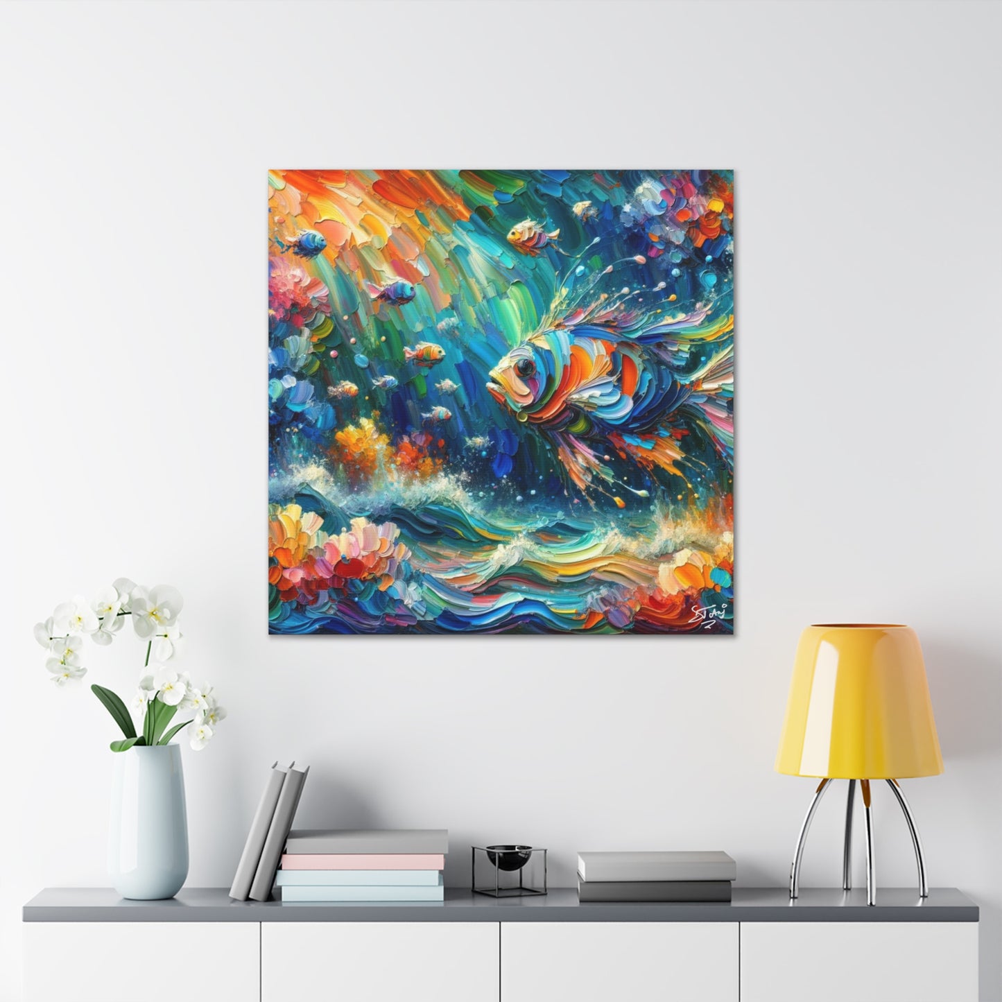 Art Print, Fishes in Coral Reef, Oil Finish, Caribbean Nature, Semi-Abstract, Canvas Gallery Wrap