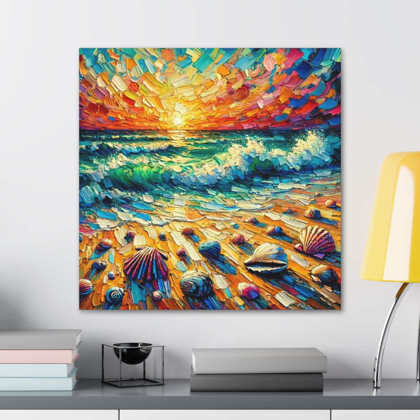 Art Print, Seashells on Caribbean Beach, Sunset, Semi-Abstract, Oil Painting, West Indian Art, Canvas Gallery Wraps