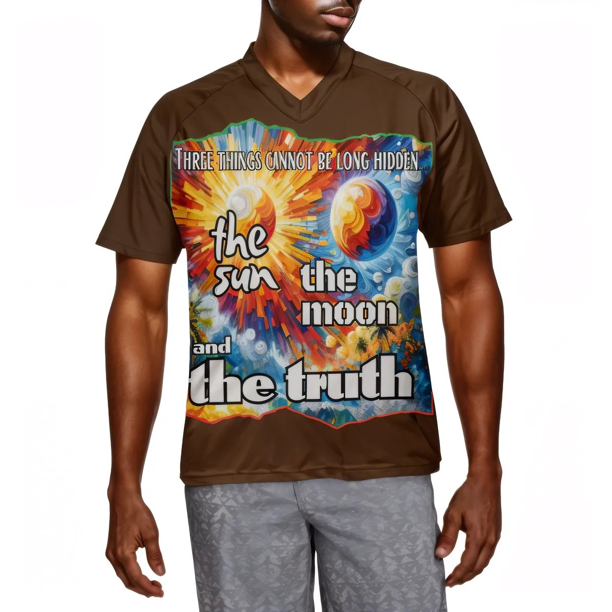 Men's V-Neck Polyester T-Shirt "The Sun, The Moon, The Truth"