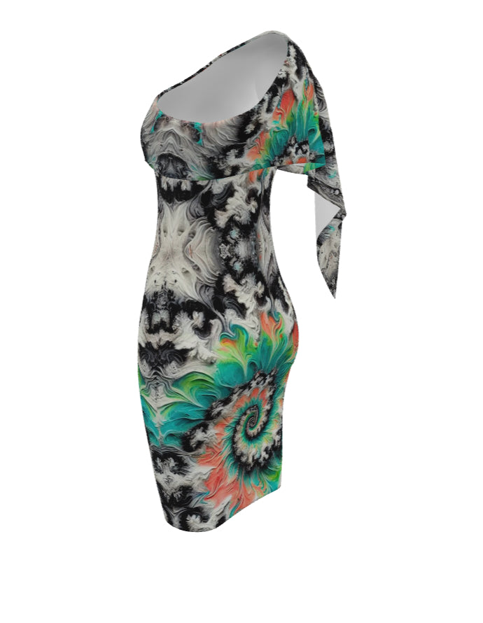 Womens One Shoulder Sleeve Evening Dress - All Over Prints