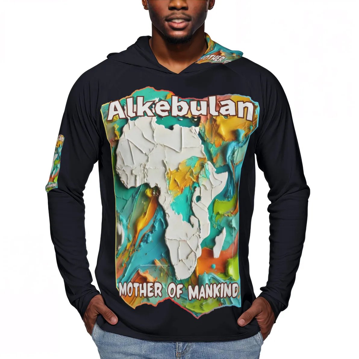 Men's Sun Protection Long Sleeve Hoodie "Alkebulan, The Mother of Mankind"