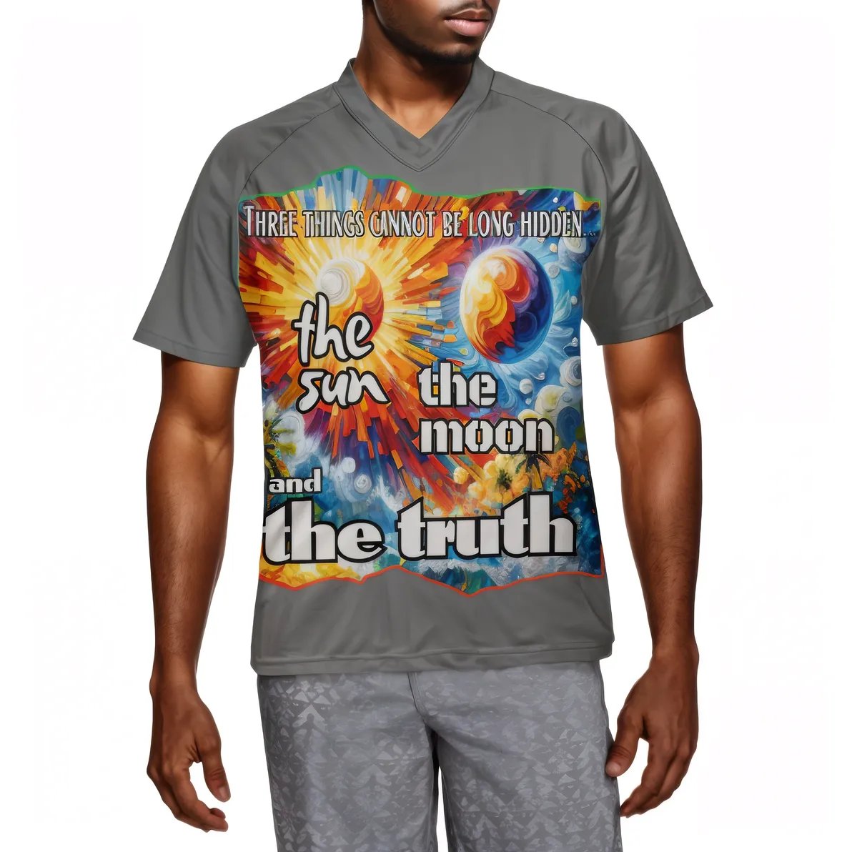 Men's V-Neck Polyester T-Shirt "The Sun, The Moon, The Truth"