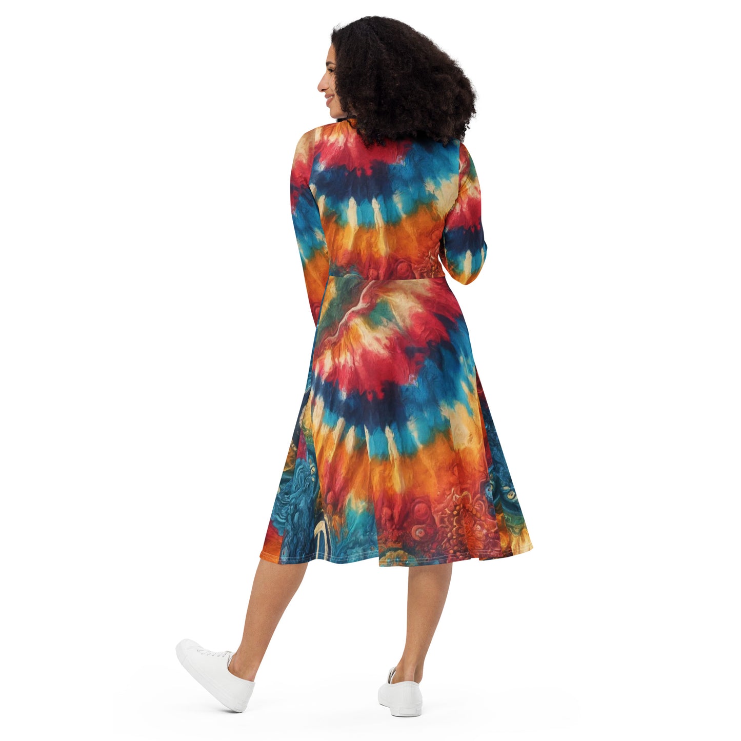 All-Over Print Long Sleeve Midi Dress. Tie-Dye Print