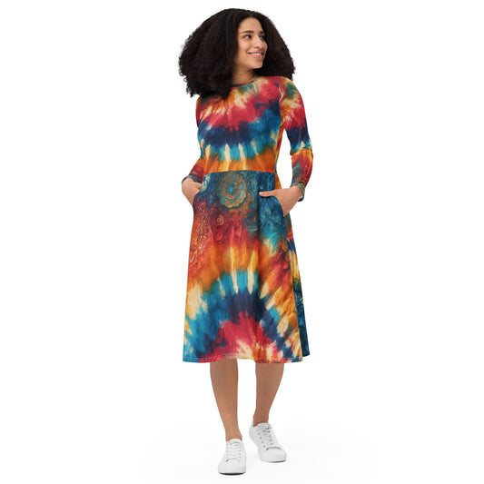 All-Over Print Long Sleeve Midi Dress. Tie-Dye Print