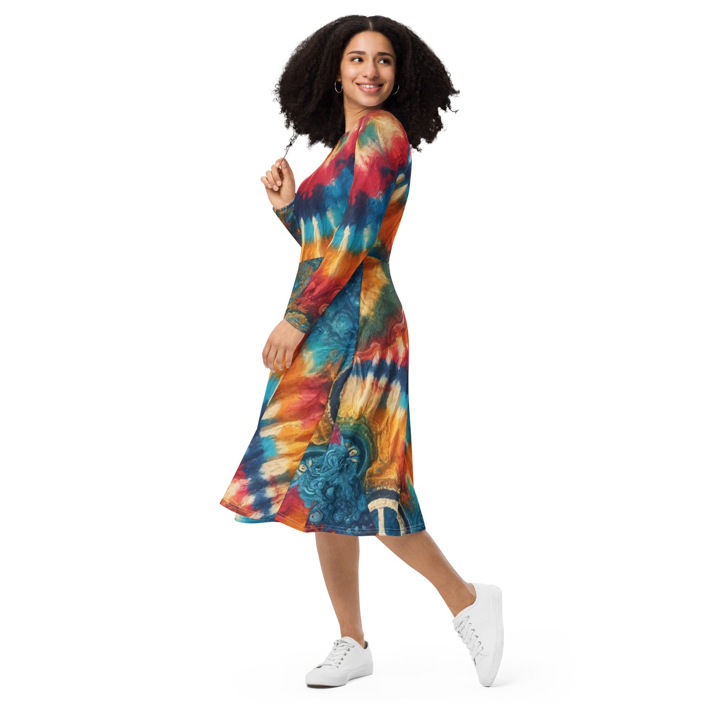 All-Over Print Long Sleeve Midi Dress. Tie-Dye Print