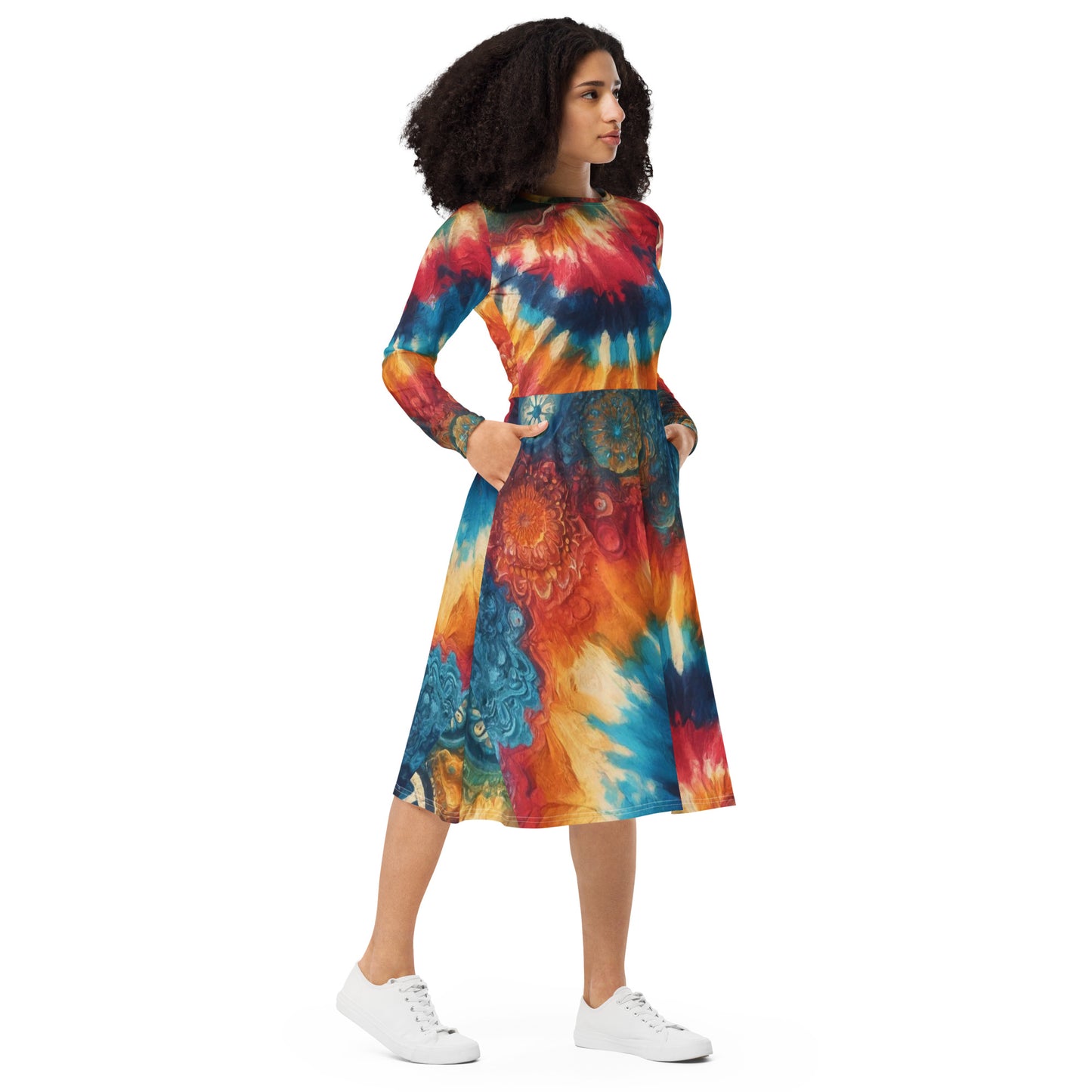 All-Over Print Long Sleeve Midi Dress. Tie-Dye Print