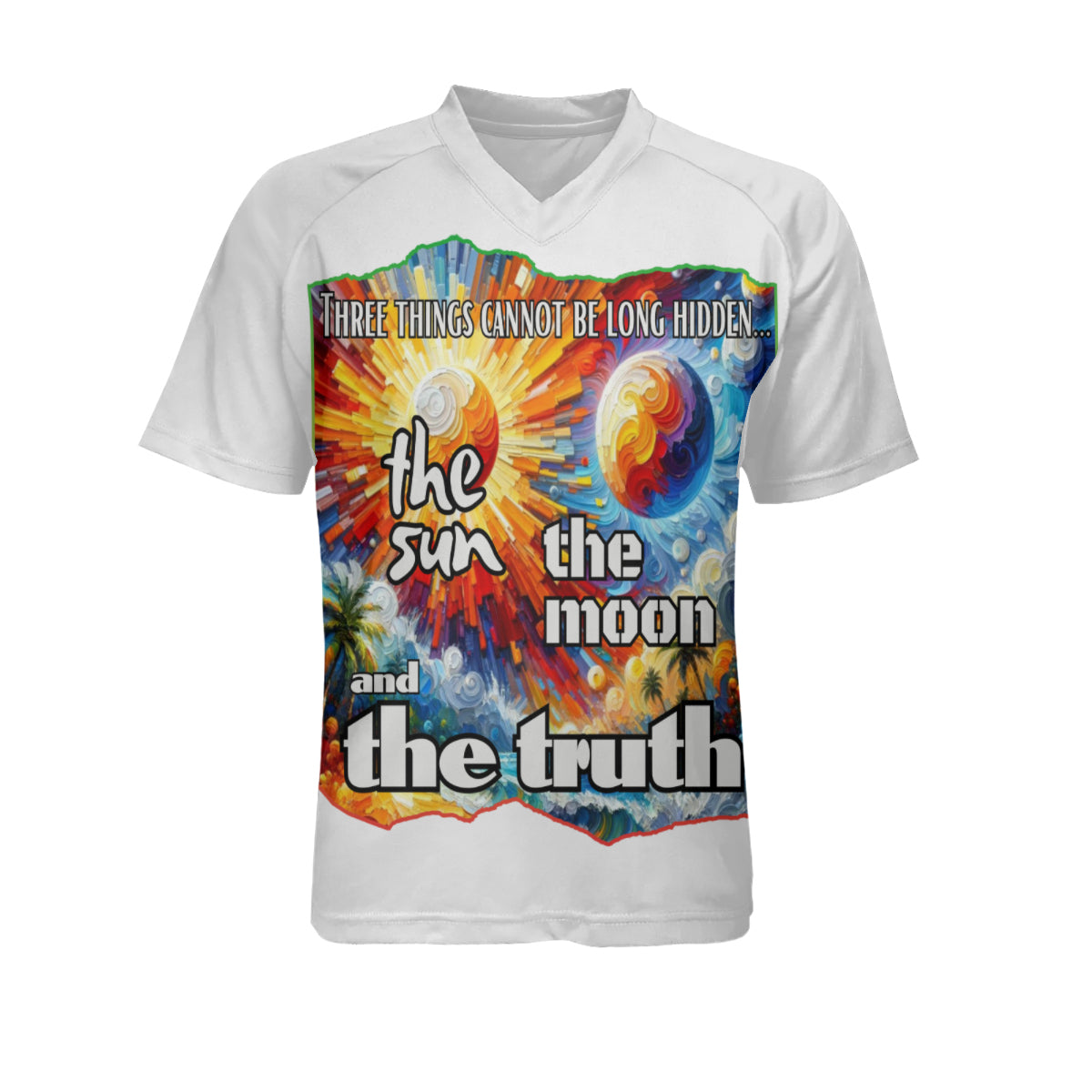 Men's V-Neck Polyester T-Shirt "The Sun, The Moon, The Truth"