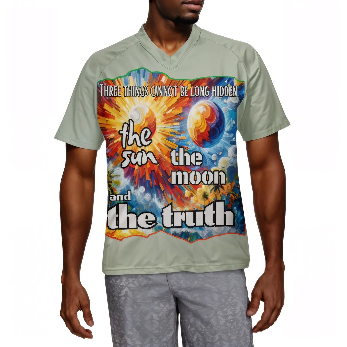 Men's V-Neck Polyester T-Shirt "The Sun, The Moon, The Truth"