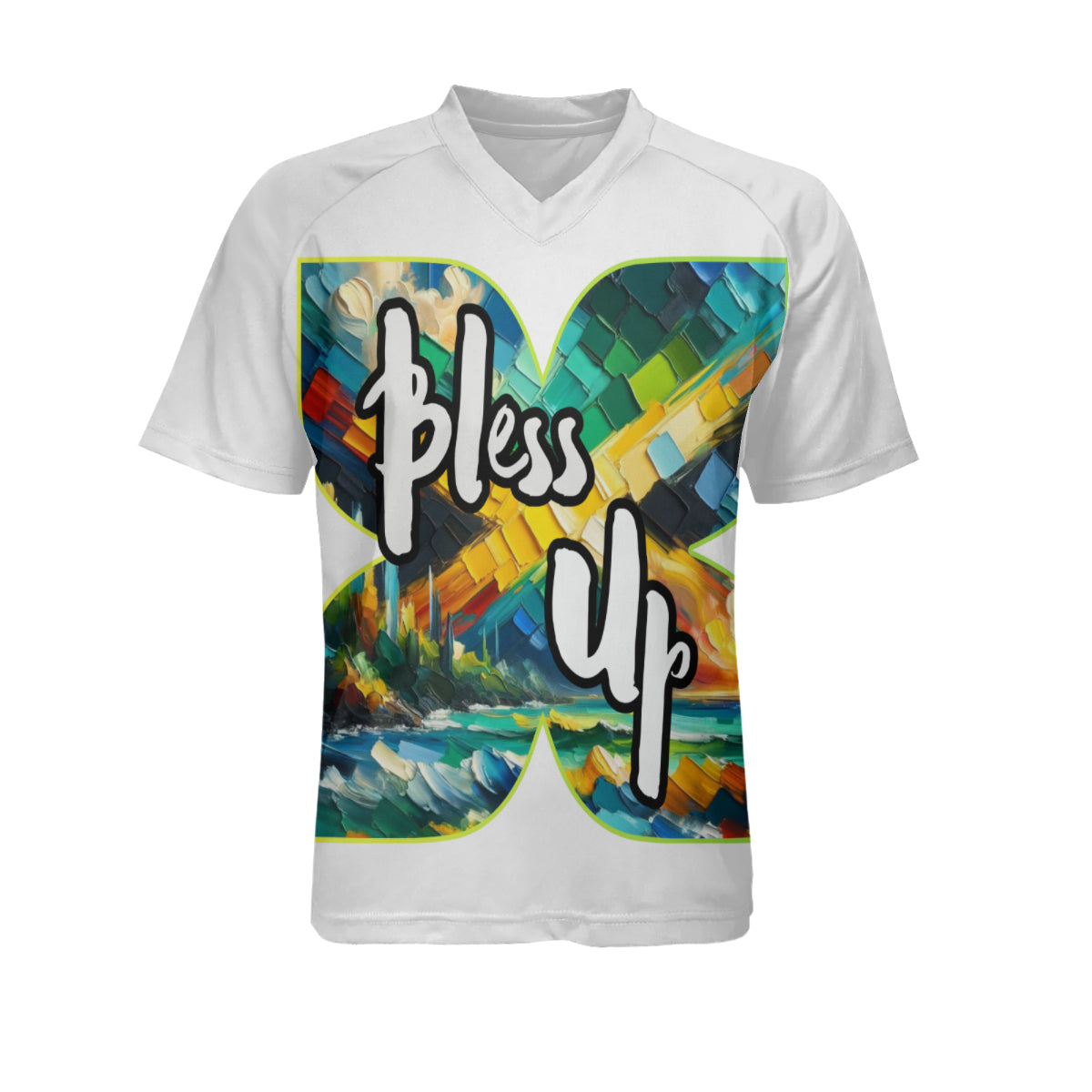 Men's V-Neck Polyester T-Shirt "Bless Up, Wah Gwaan"