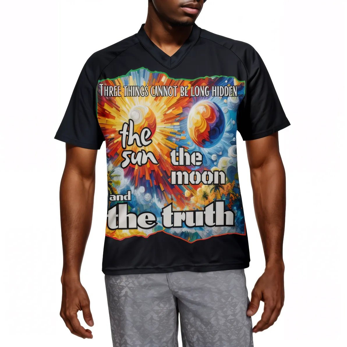 Men's V-Neck Polyester T-Shirt "The Sun, The Moon, The Truth"