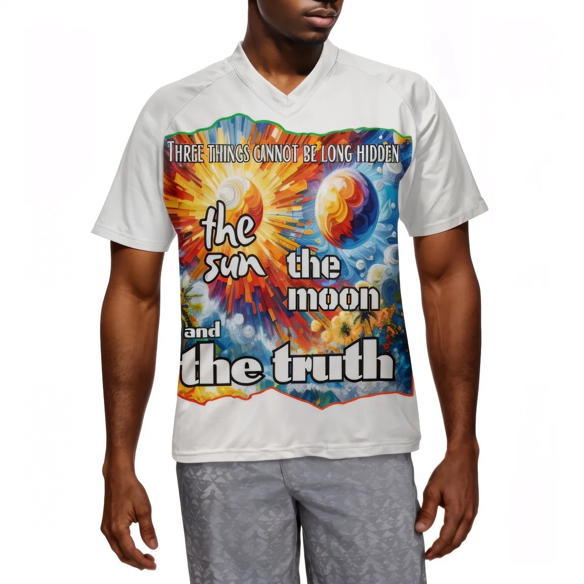 Men's V-Neck Polyester T-Shirt "The Sun, The Moon, The Truth"