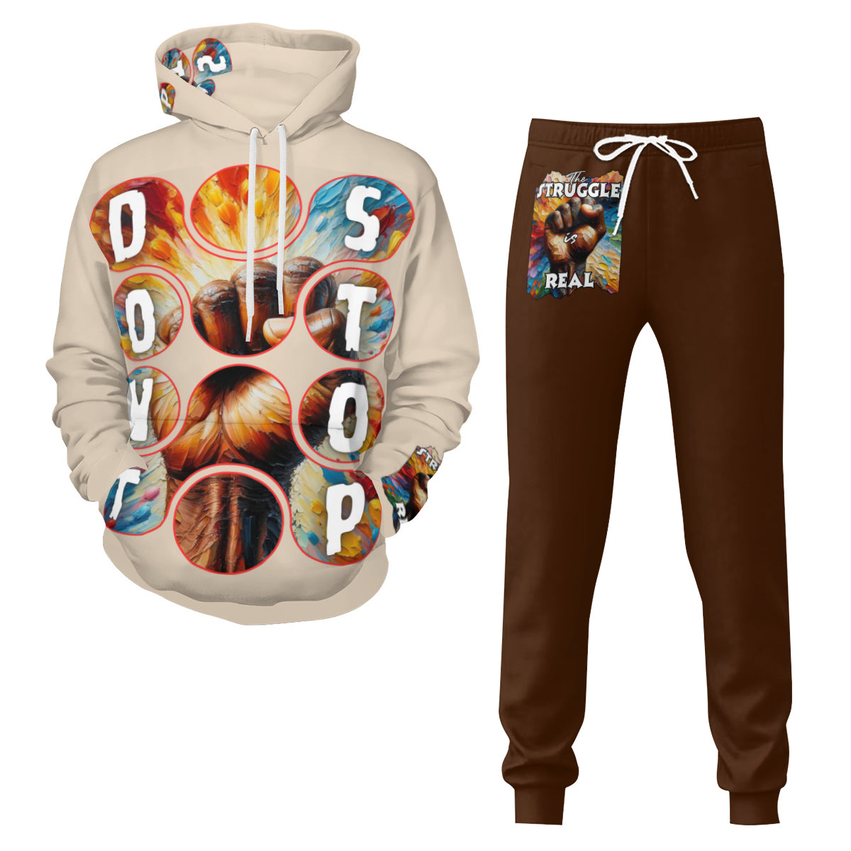 Men's Adult Hoodie Set with Double-Layer Hood "Don't Stop, The Struggle is Real""