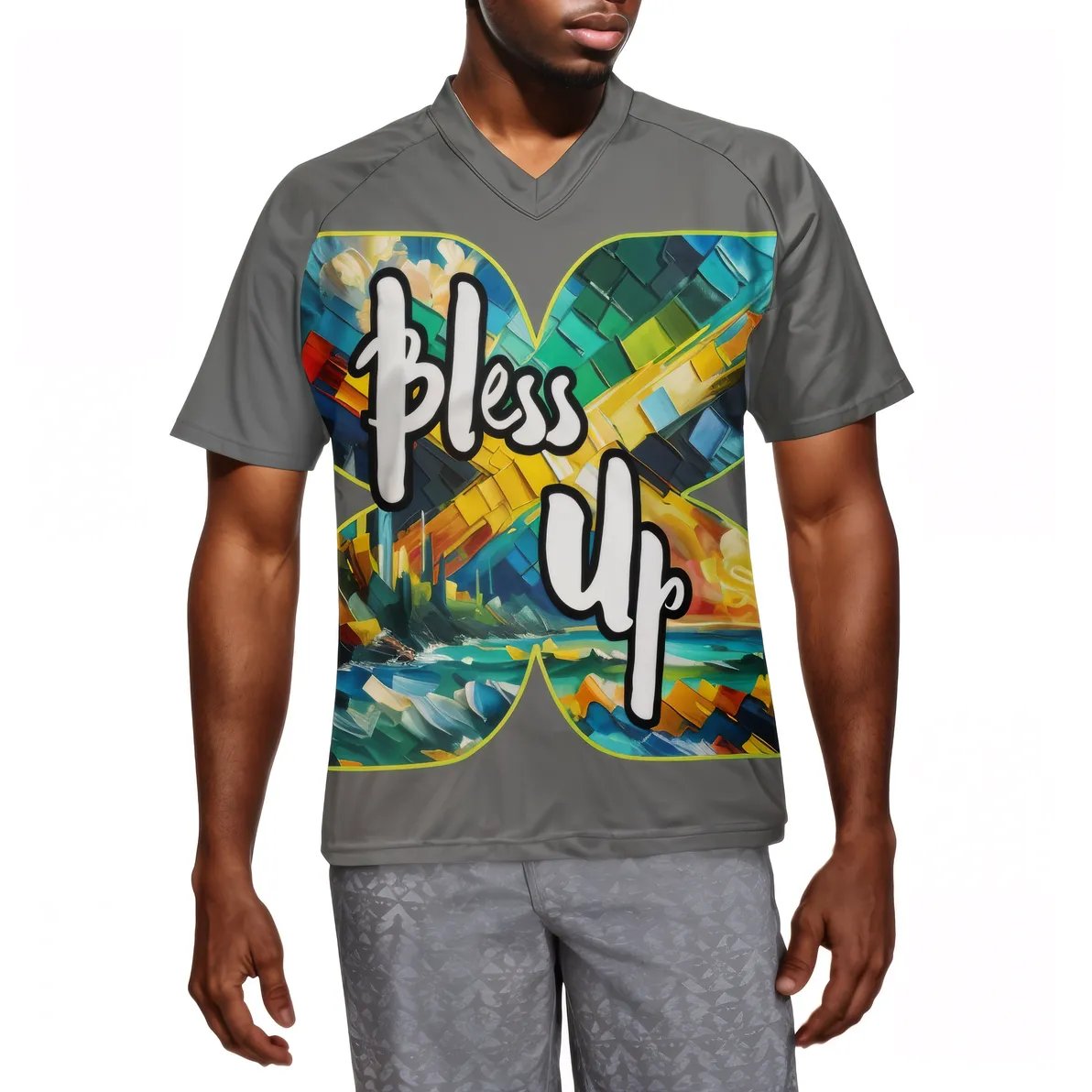 Men's V-Neck Polyester T-Shirt "Bless Up, Wah Gwaan"