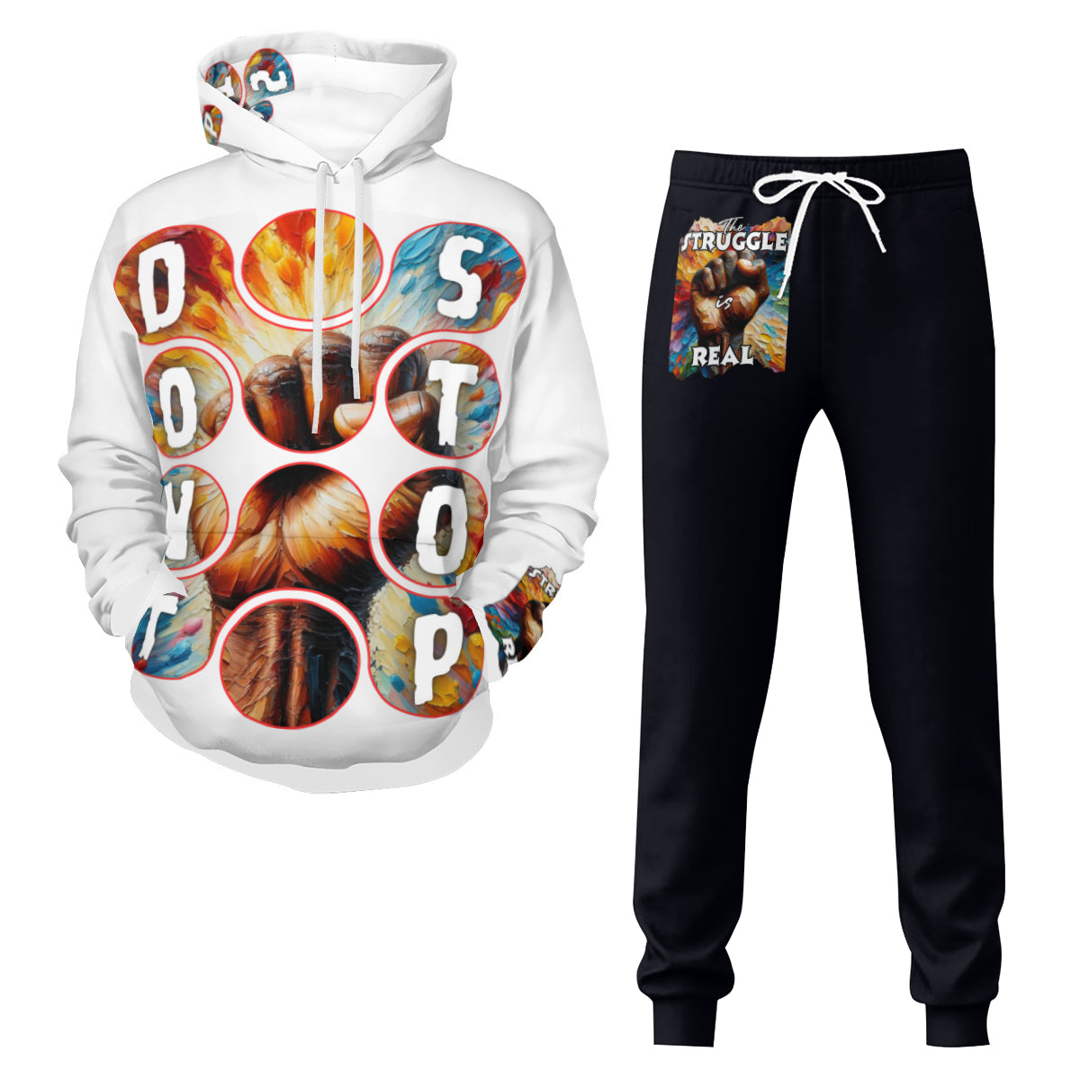 Men's Adult Hoodie Set with Double-Layer Hood "Don't Stop, The Struggle is Real""