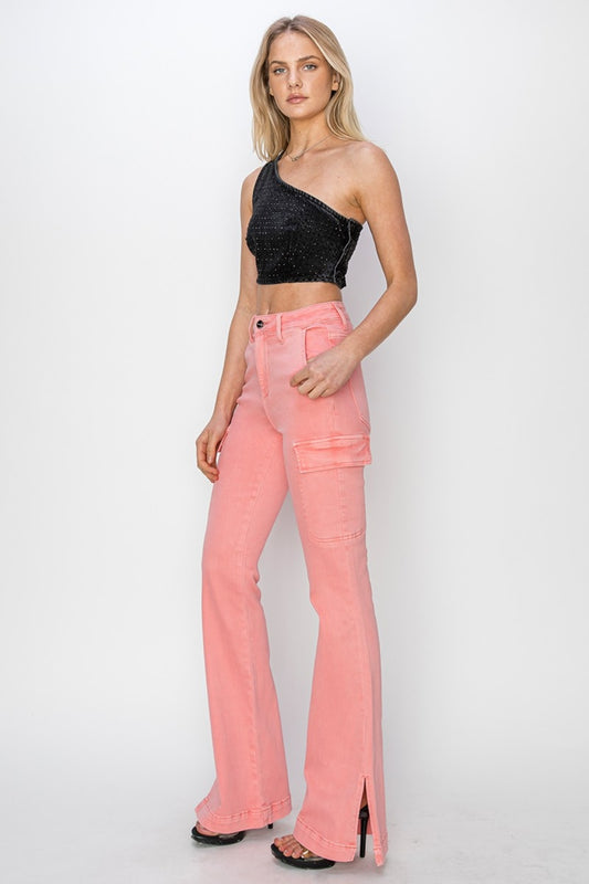 High Rise Side Slit Cargo Bootcut Jeans