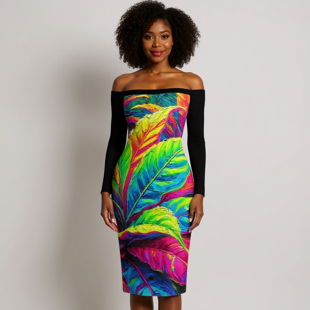 Eclipse Bodycon Off-Shoulder Dress | "Neon Croton Print"