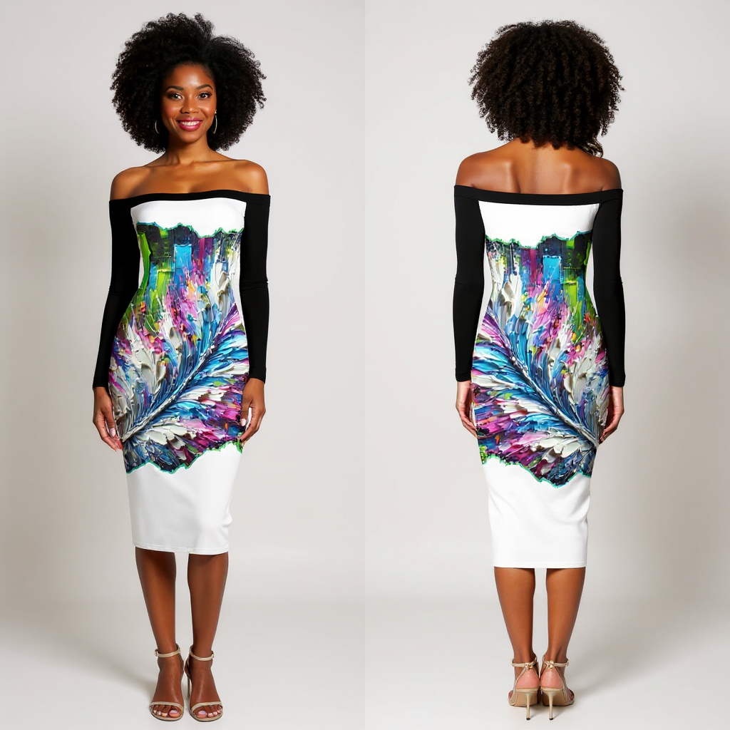 Eclipse Bodycon Off-Shoulder Dress |"Abstract Feather Print"