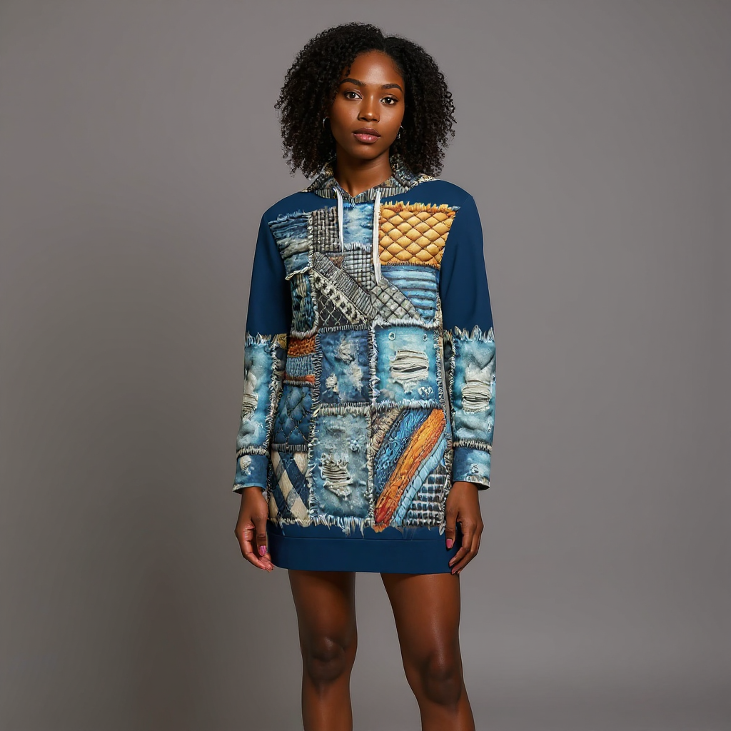 VelvetVibe™ Luxe Hoodie Dress | "Denim Patchwork Print"