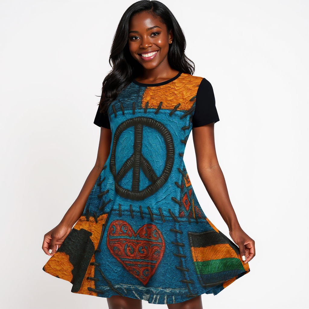 Premium Milk-Silk Short Sleeve Summer Dress |"Denim Patch Print"