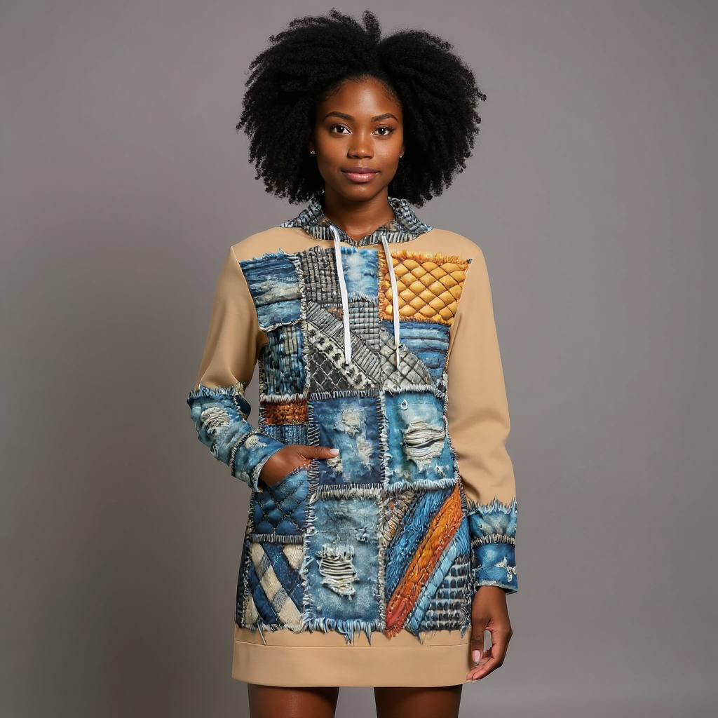 VelvetVibe™ Luxe Hoodie Dress | "Denim Patchwork Print"