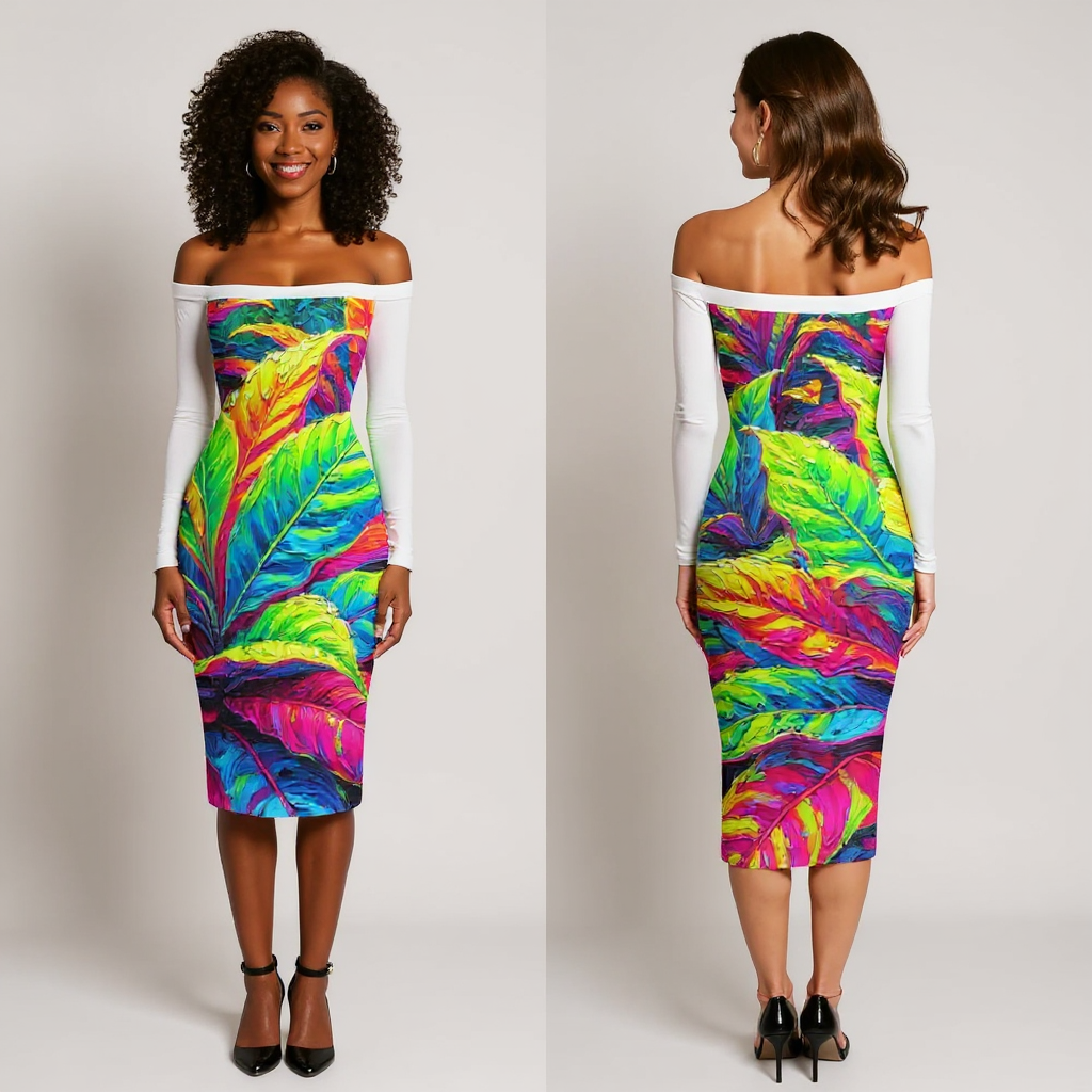Eclipse Bodycon Off-Shoulder Dress | "Neon Croton Print"