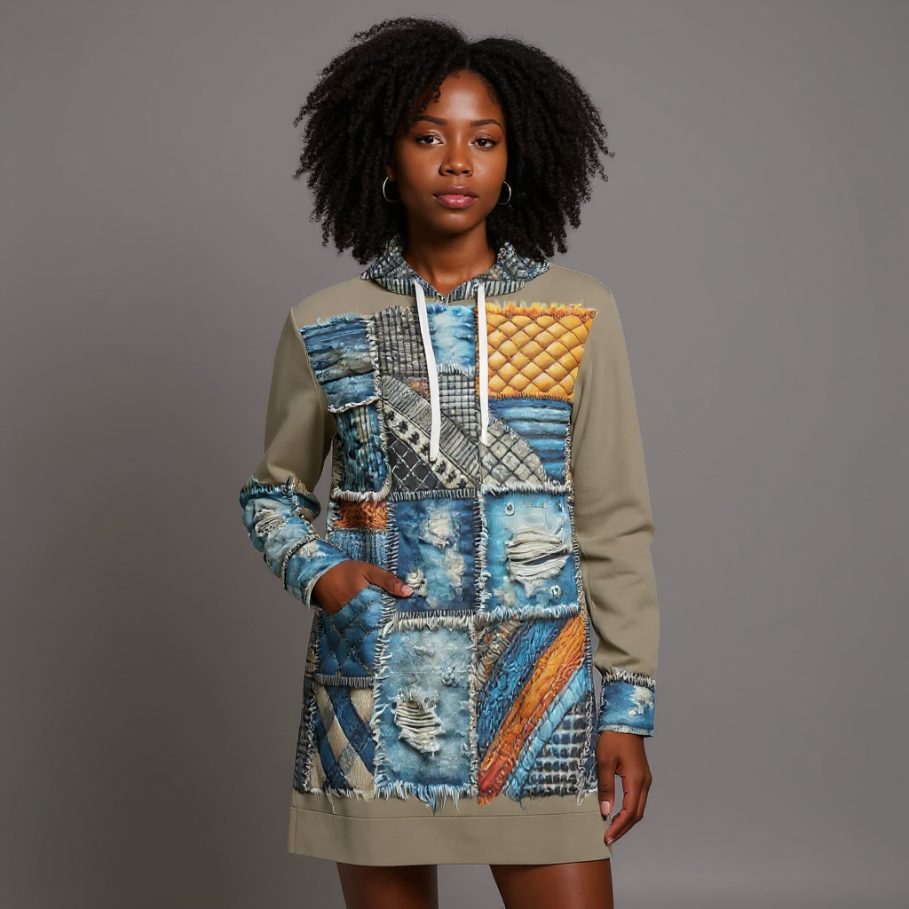 VelvetVibe™ Luxe Hoodie Dress | "Denim Patchwork Print"
