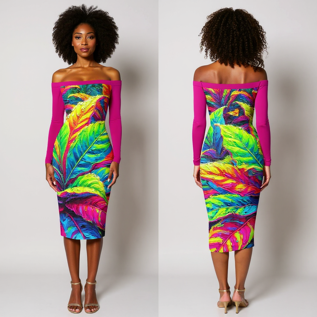 Eclipse Bodycon Off-Shoulder Dress | "Neon Croton Print"
