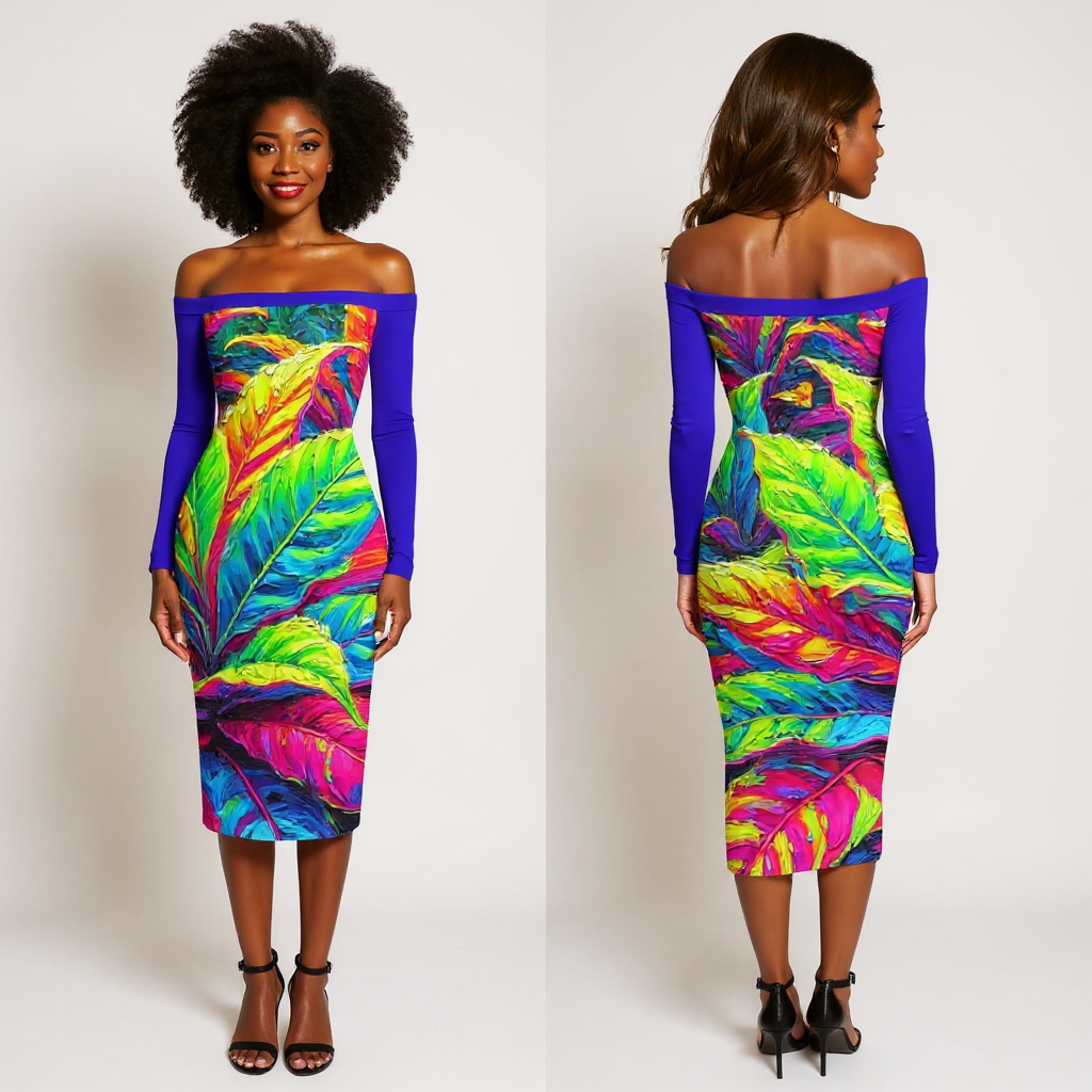Eclipse Bodycon Off-Shoulder Dress | "Neon Croton Print"