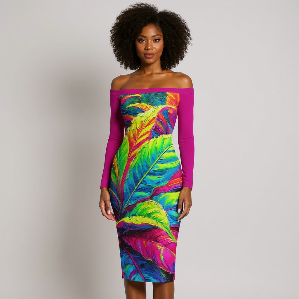 Eclipse Bodycon Off-Shoulder Dress | "Neon Croton Print"