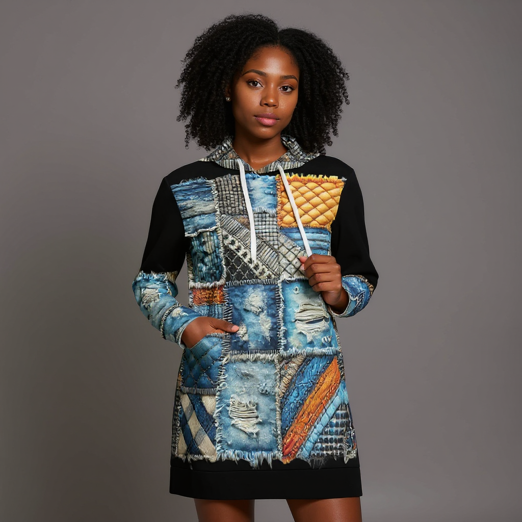 VelvetVibe™ Luxe Hoodie Dress | "Denim Patchwork Print"