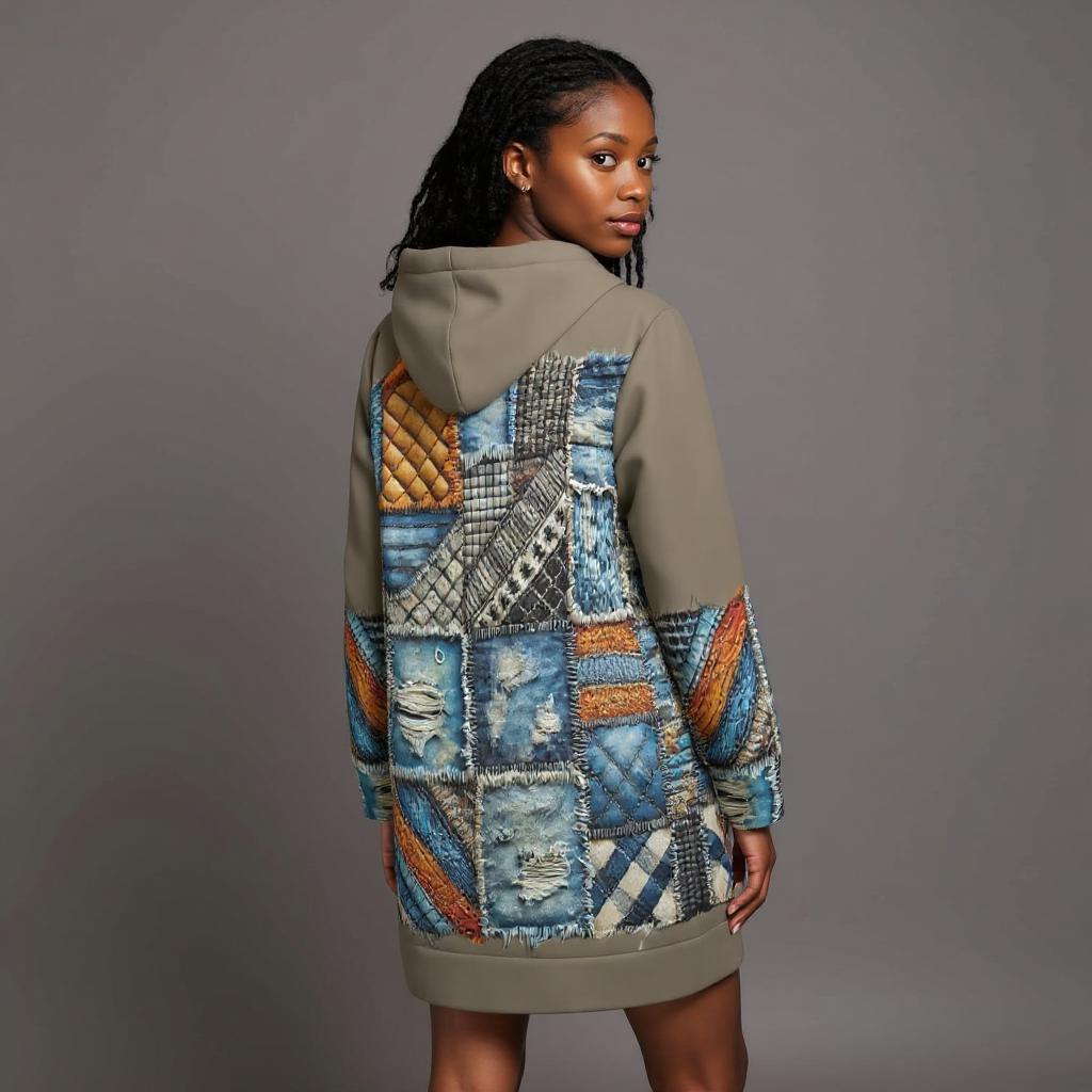 VelvetVibe™ Luxe Hoodie Dress | "Denim Patchwork Print"