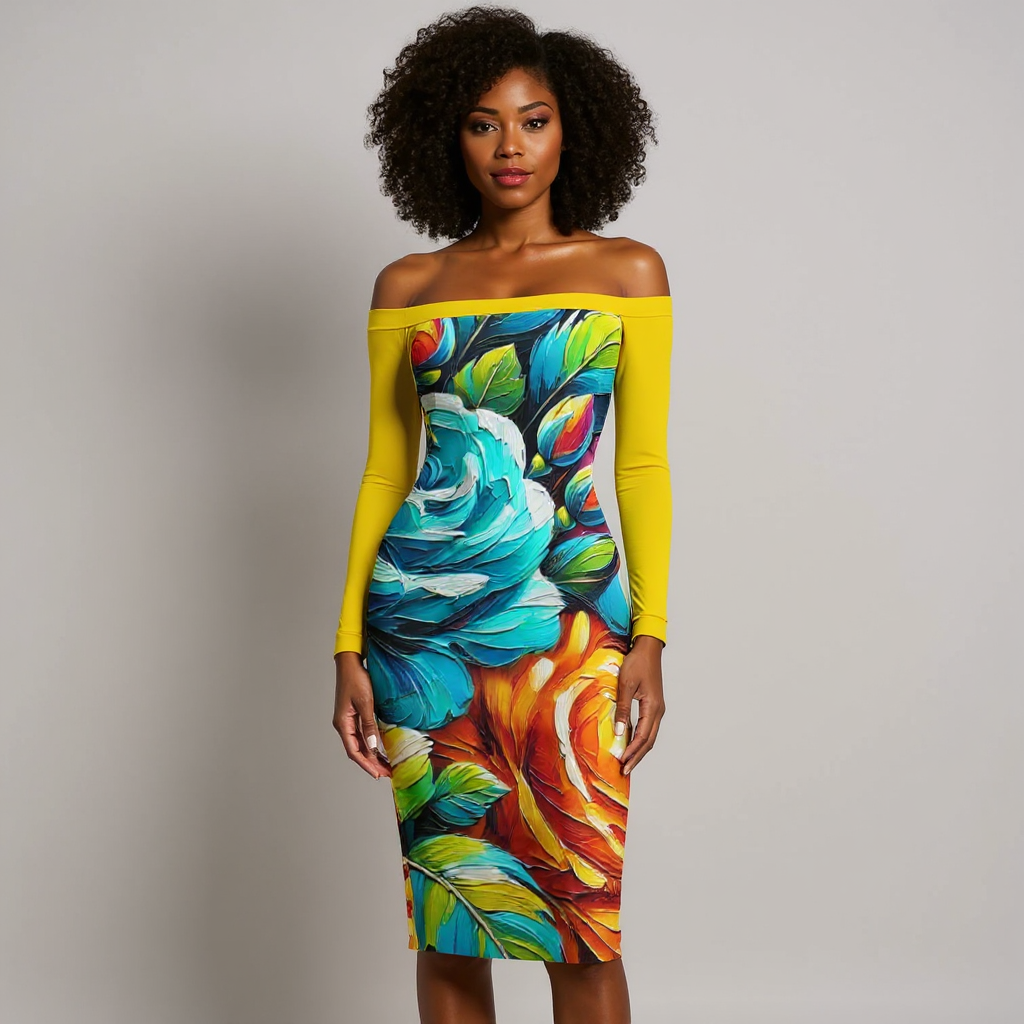 Eclipse Bodycon Off-Shoulder Dress | "Floral Print2"