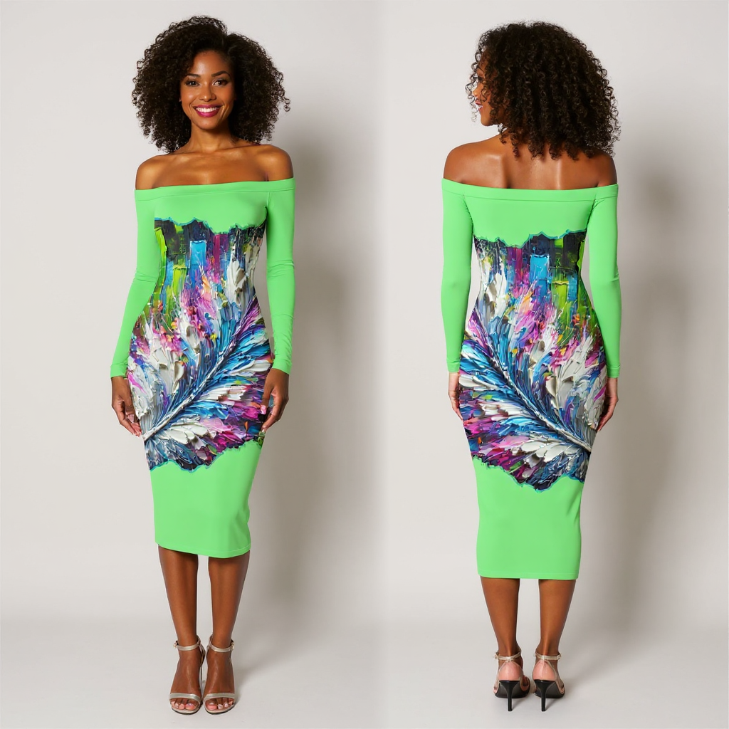 Eclipse Bodycon Off-Shoulder Dress |"Abstract Feather Print"