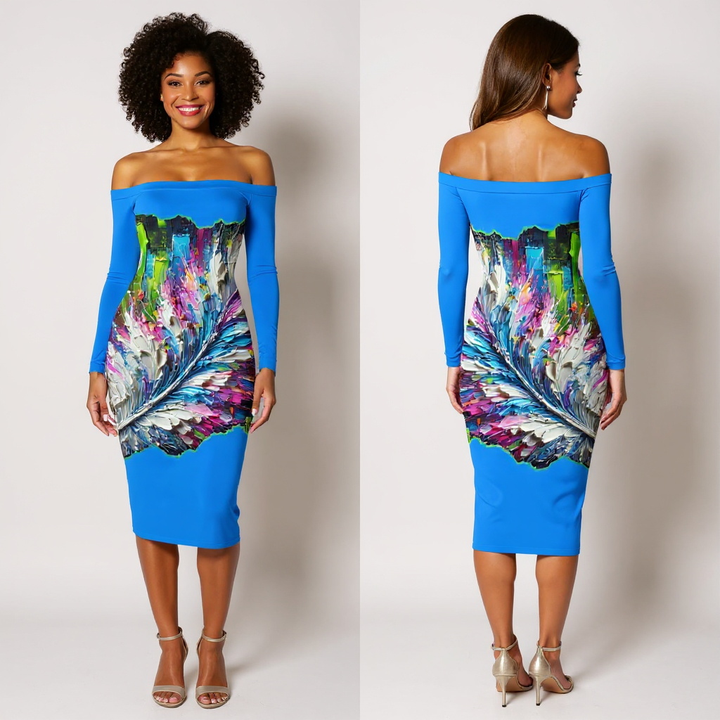 Eclipse Bodycon Off-Shoulder Dress |"Abstract Feather Print"