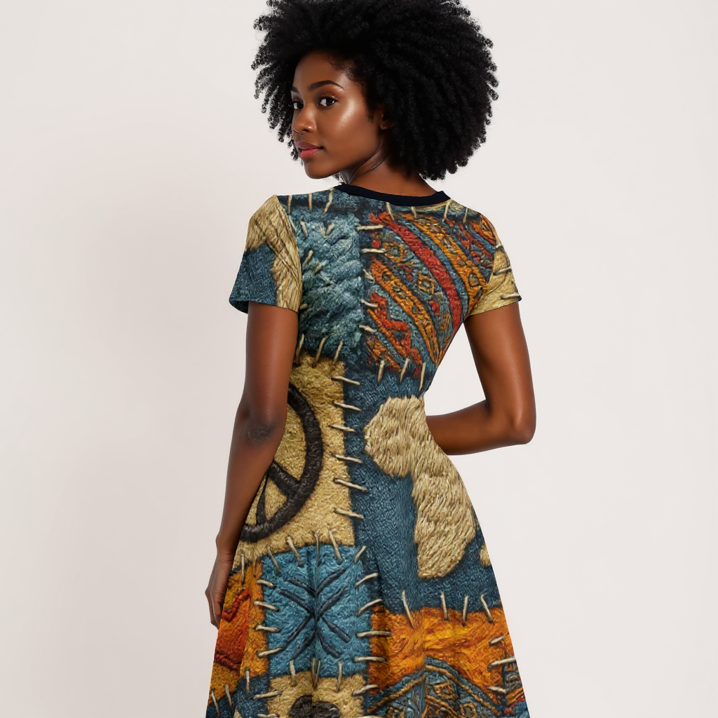 Premium Milk-Silk Short Sleeve Summer Dress |"Denim Patch Print"