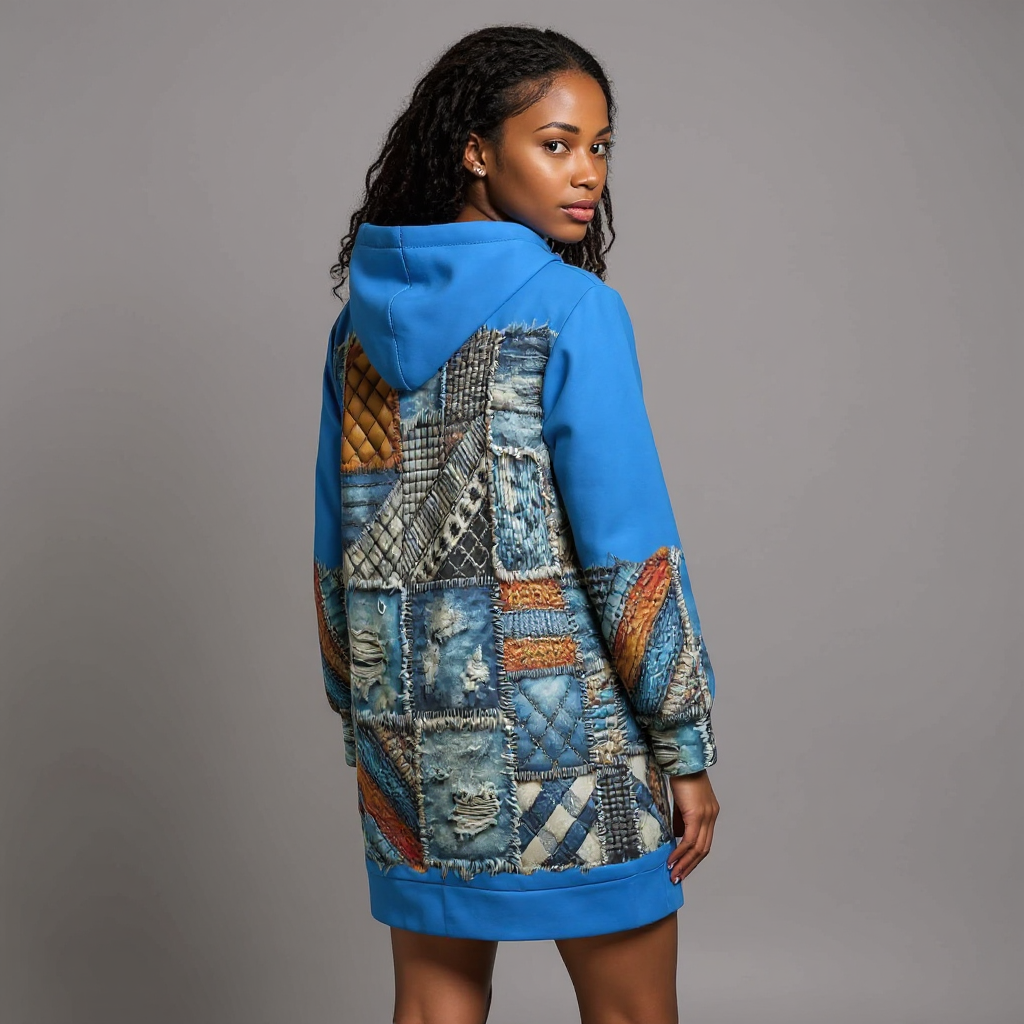 VelvetVibe™ Luxe Hoodie Dress | "Denim Patchwork Print"
