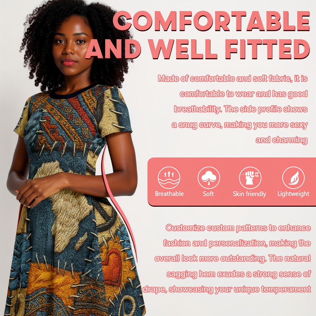 Premium Milk-Silk Short Sleeve Summer Dress |"Denim Patch Print"