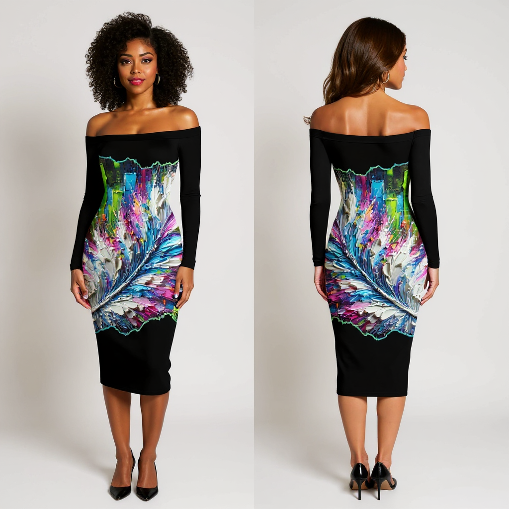 Eclipse Bodycon Off-Shoulder Dress |"Abstract Feather Print"