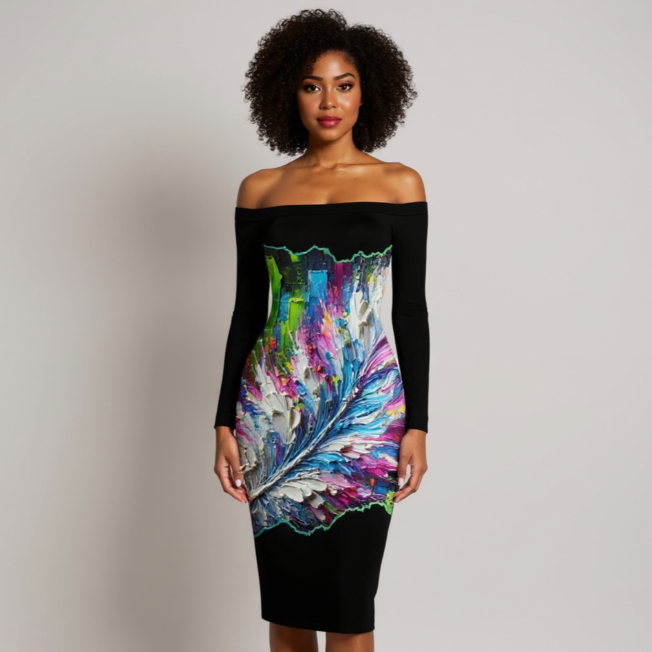 Eclipse Bodycon Off-Shoulder Dress |"Abstract Feather Print"